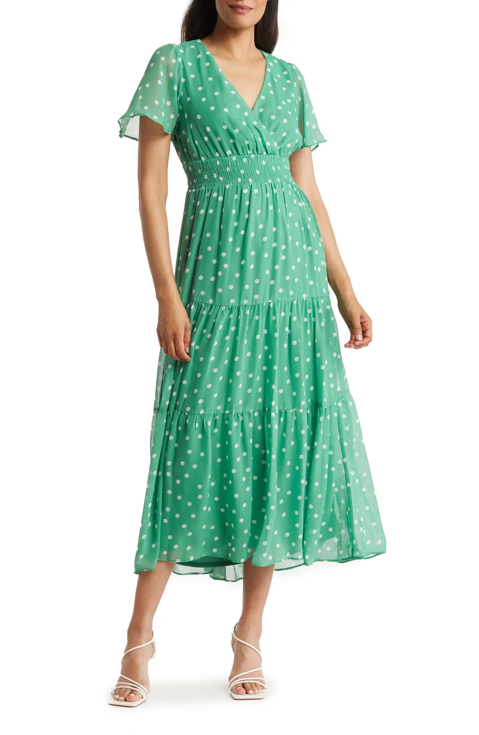 Polka Dot Short Sleeve Tiered Chiffon Maxi Dress | Nordstrom Rack