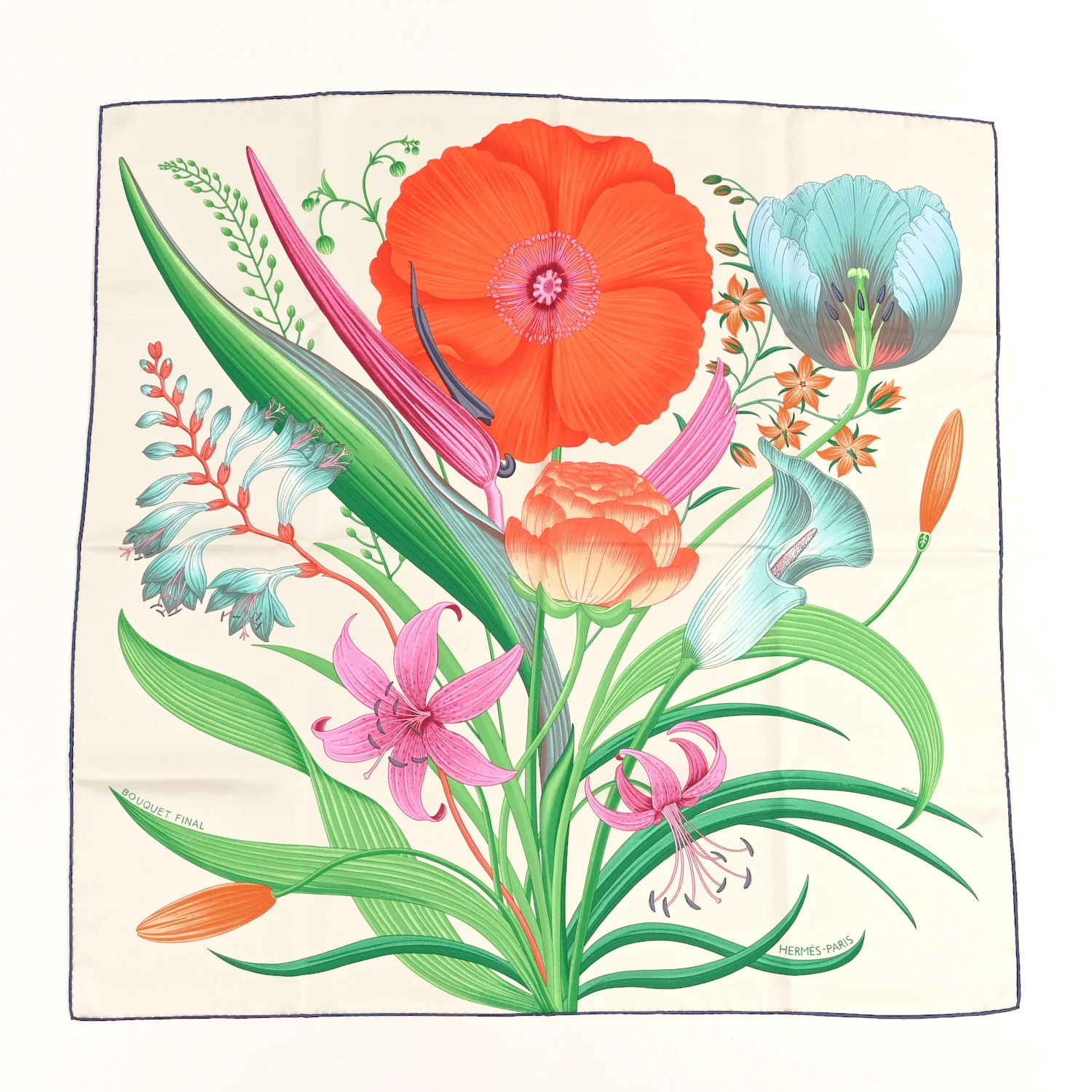 Silk Bouquet Final Scarf 90 White Casse Vermillion | FASHIONPHILE (US)