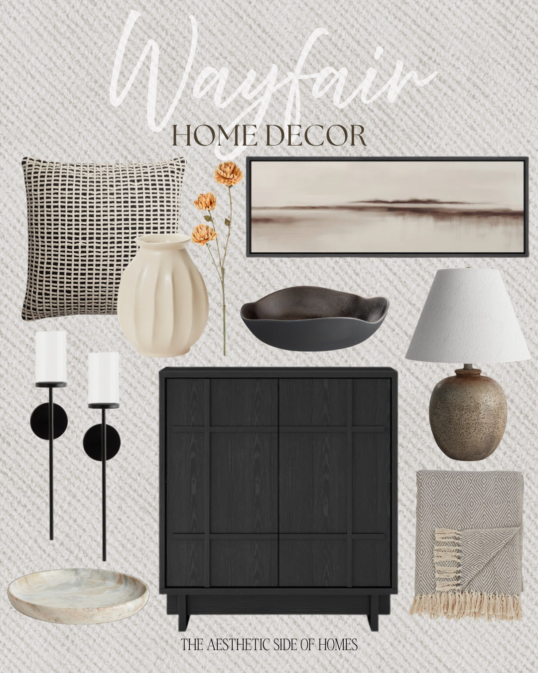 @Wayfair home decor includes wall art, floral stem, vase, throw pillow, table lamp, decorative bowl, sconces, decorative tray, small cabinet, throw blanket.

Home decor, fall decor, styled home, neutral decor

#LTKHome #LTKSeasonal #LTKSaleAlert