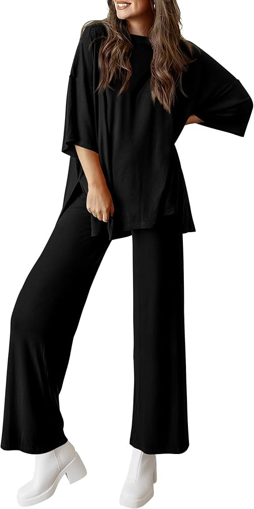 PRETTYGARDEN Womens Short Sleeve Pullover Tops And Wide Leg Pants Lounge Set | Amazon (US)