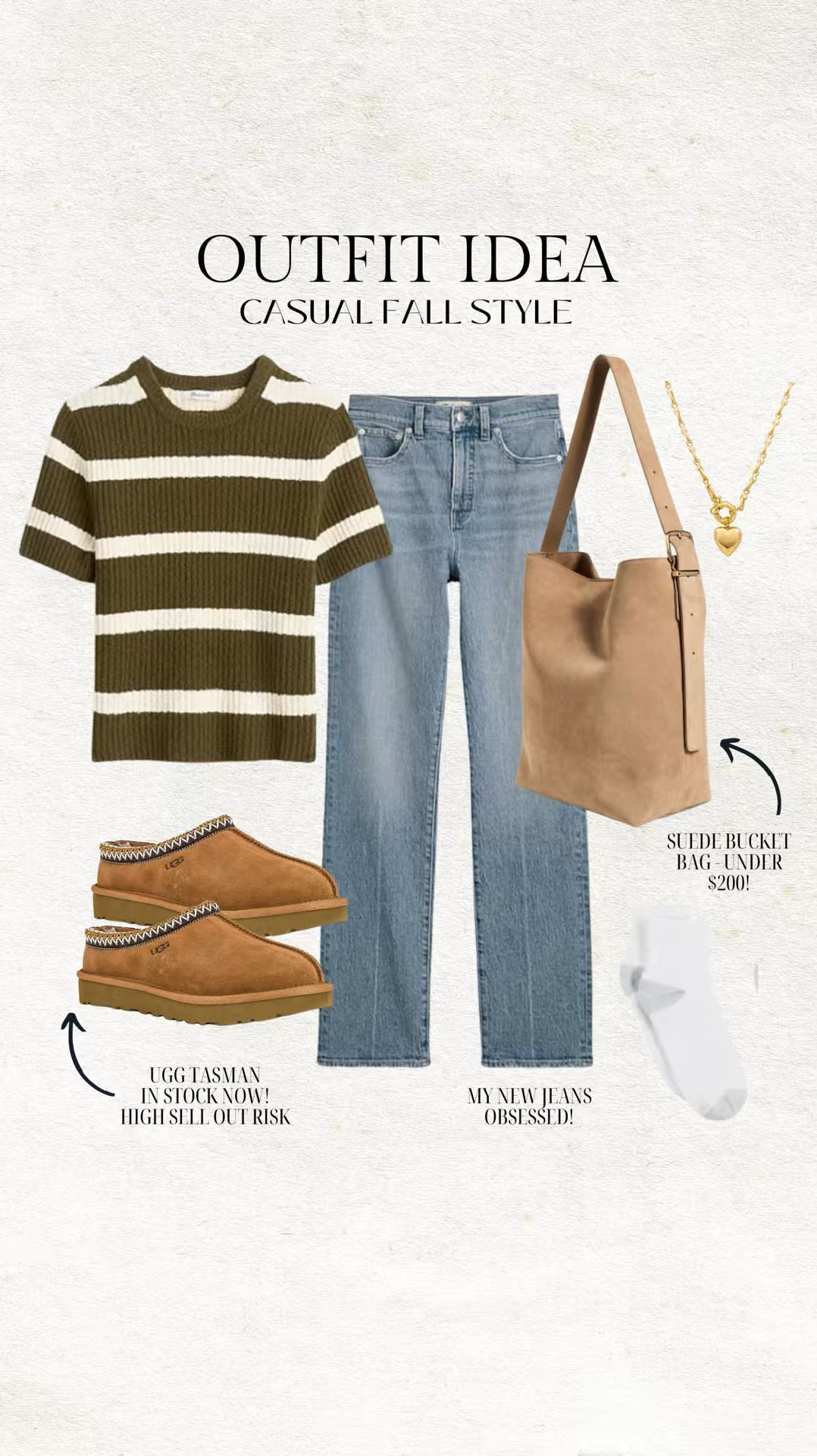 Casual fall style outfit idea 🍂 I just got these jeans from Madewell and love them! Been wearing them on repeat already - such a good light colored straight leg pair of denim. The Tasman Uggs are in stock now - time to order for fall before they’re sold out!  This suede bucket tote is a fall staple & under $200🤎

Fall outfit, fall fashion, casual outfit, weekend outfit, mom outfit, fall style, madewell jeans, madewell denim, madewell tote, madewell bucket bag, chestnut Uggs, striped sweater, gold necklace, heart necklace, white socks, Christine Andrew 

#LTKFindsUnder100 #LTKVideo #LTKStyleTip