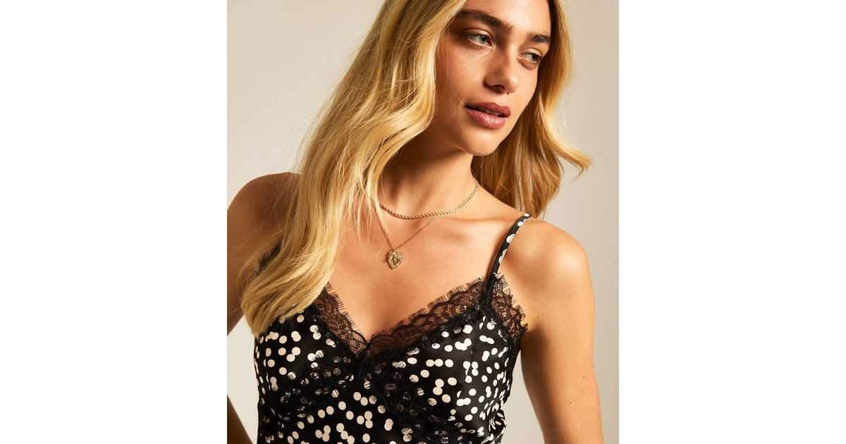Black Polka Dot Lace Trimmed Satin Cami Top | New Look | New Look (UK)