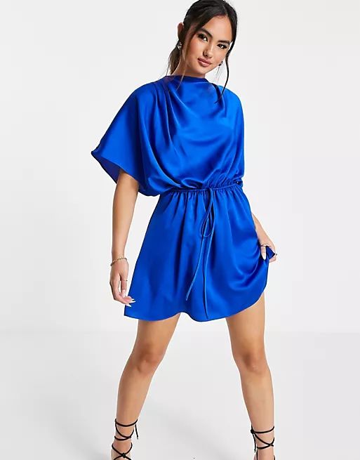 ASOS DESIGN high neck satin mini dress with ruched dress and button detail in blue | ASOS (Global)