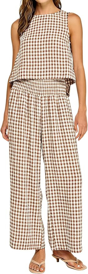Yeokou Women Plaid Gingham 2 Piece Set Sleeveless Top Smocked Wide Leg Pants Casual Matching Outf... | Amazon (US)