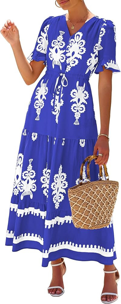 Lazysmile Summer Dresses for Women Short Sleeve V Neck Floral Drawstring Flowy A Line Boho Maxi D... | Amazon (US)