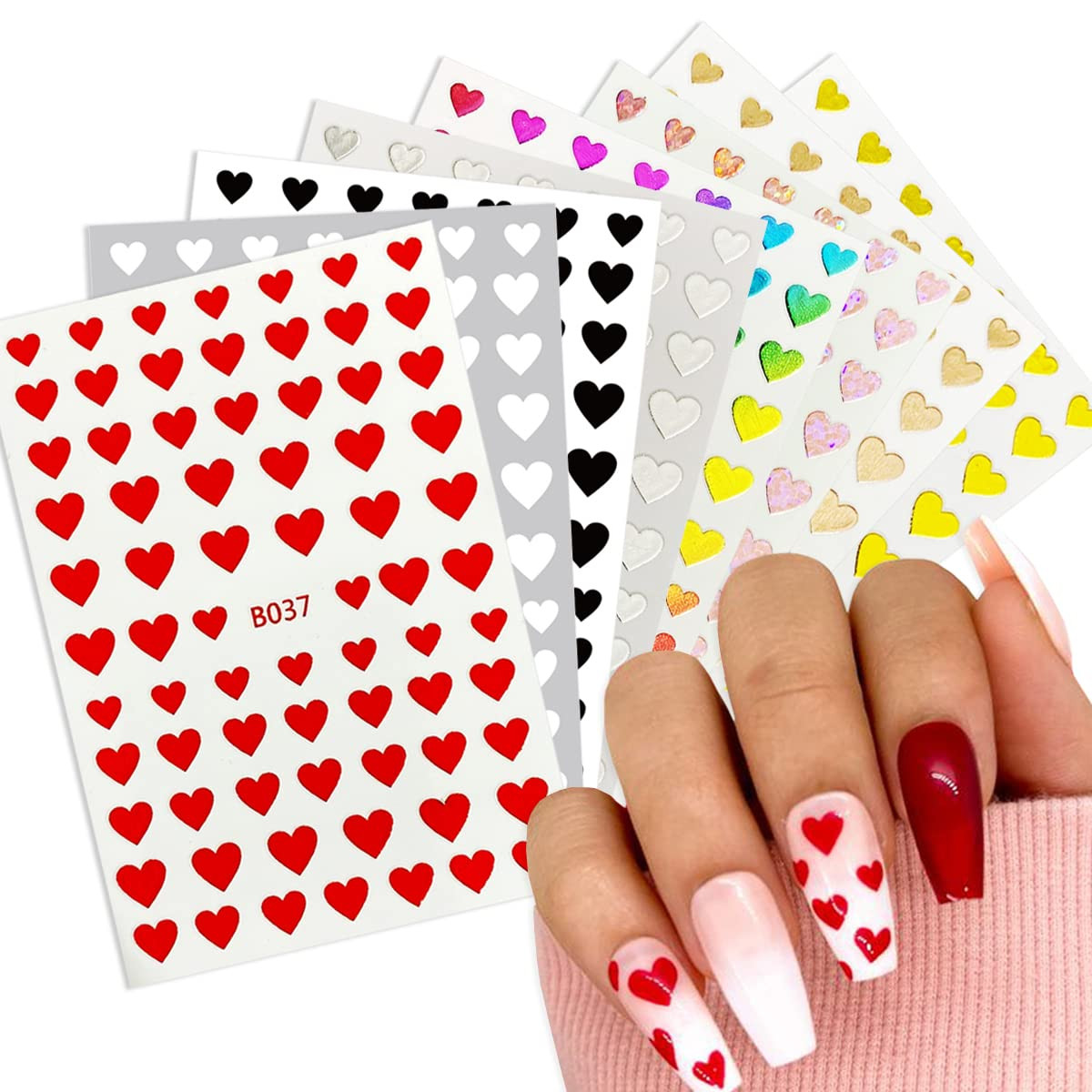 8 Sheets Heart Love Nail Art Stickers Decals 3D Self-Adhesive Nail Art Supplies Heart Nail Art De... | Amazon (US)