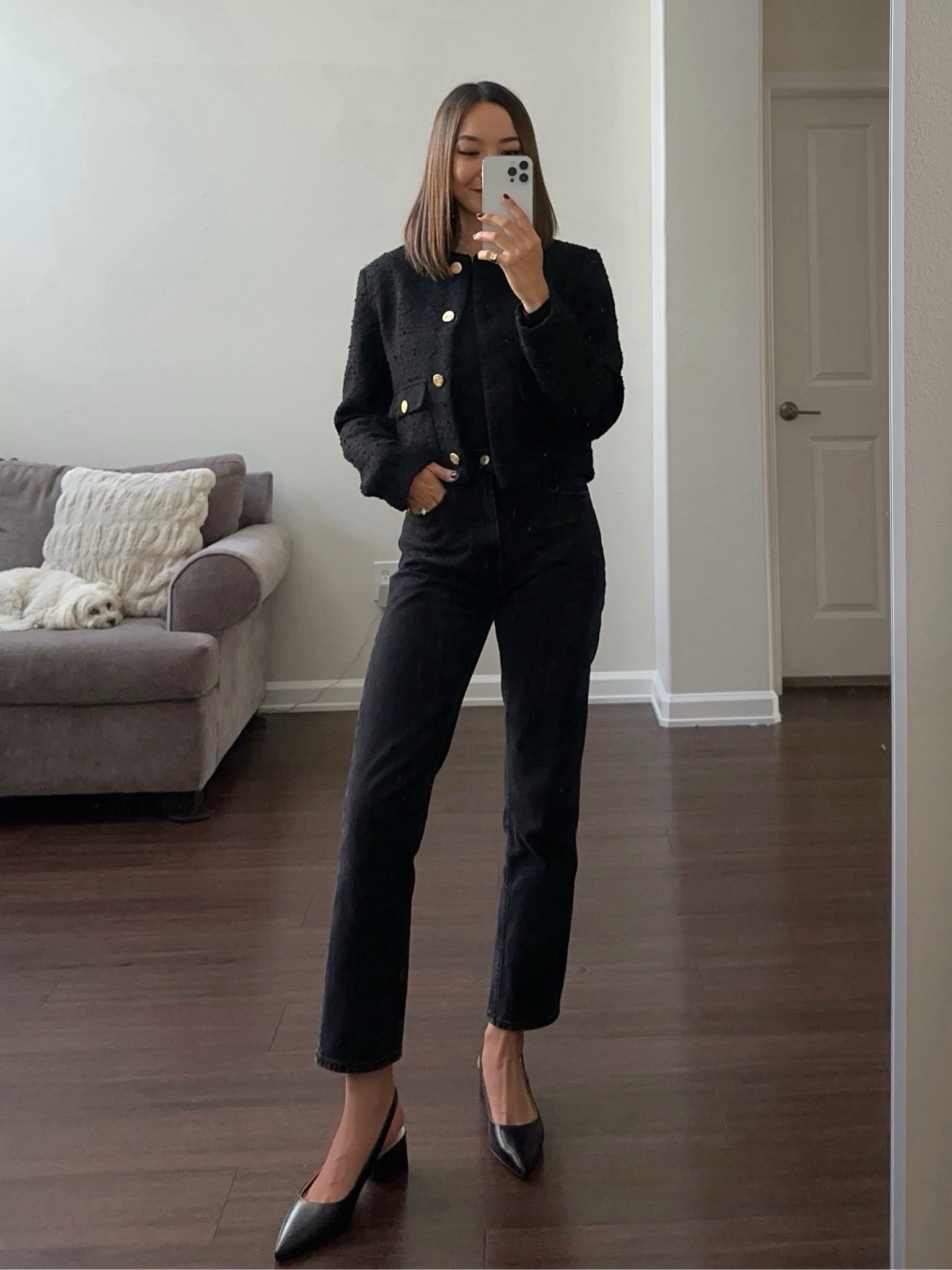 Smart casual workwear outfit // office outfit 

High rise ankle pants - tts, size 25 
Tweed jacket xs 
Slingback black work shoes 

#LTKstyletip #LTKfindsunder100 #LTKworkwear