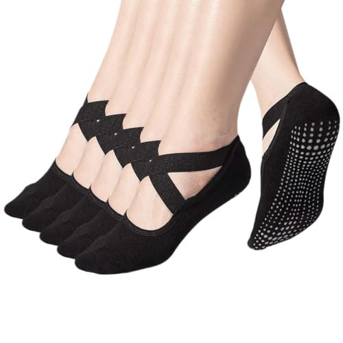 Toes&Feet 5-Pack Black Padded Cushion Barre Yoga Pilates Socks with Grips for Women Non Slip Ballet Grippy Socks with Strap,Size 4-9 | Amazon (US)