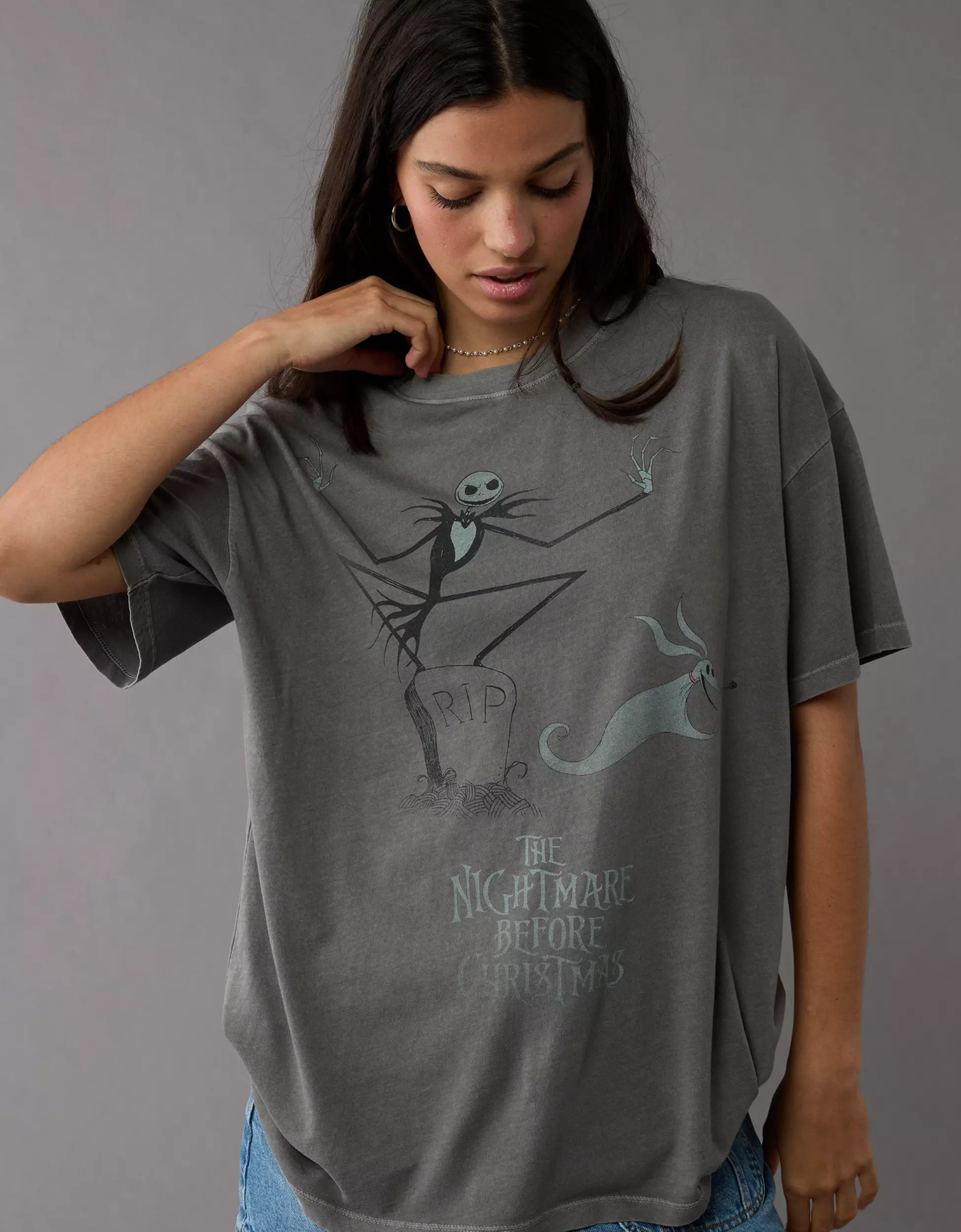 AE Oversized Nightmare Before Christmas Halloween Graphic T-Shirt | American Eagle Outfitters (US & CA)