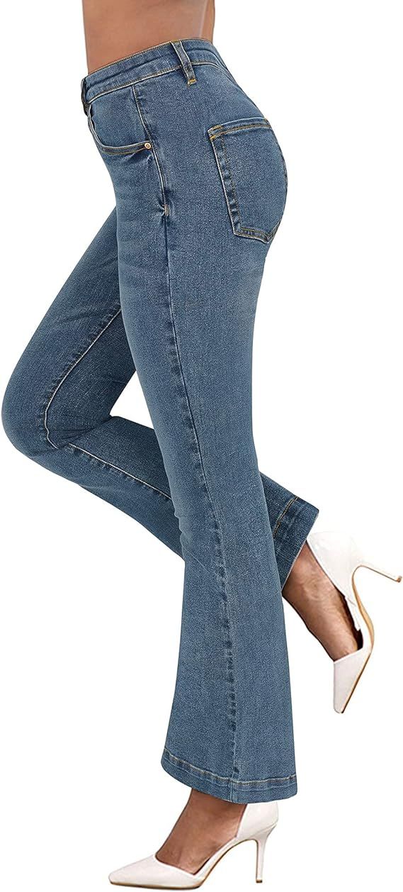 OUGES Womens High Wasited Stretch Elastic Waist Flare Bootcut Jeans | Amazon (US)