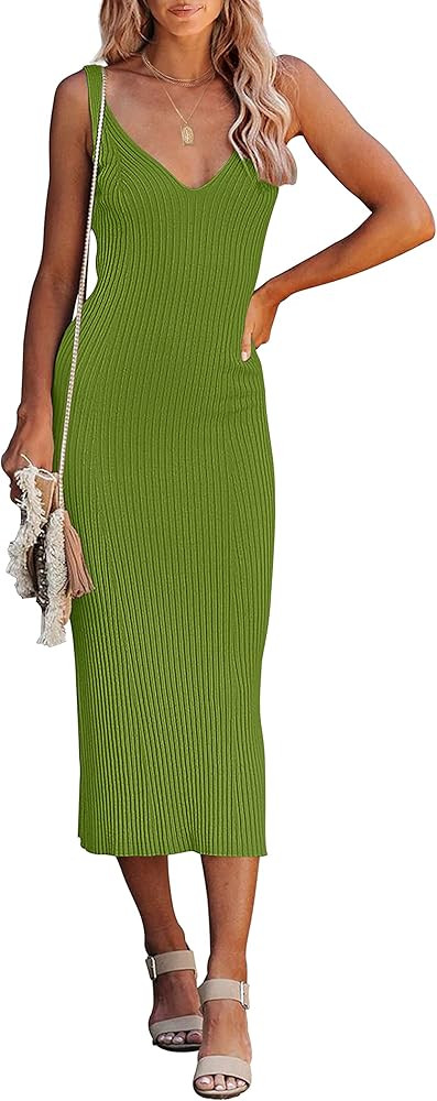 MEROKEETY Womens 2024 Summer V Neck Knit Midi Dress Bodycon Sleeveless Ribbed Sweater Dresses | Amazon (US)