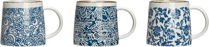 Creative Co-Op Blue & White Hand-Stamped Stoneware Mug with Gold Rim (Set of 3 Patterns) Mugs & C... | Amazon (US)