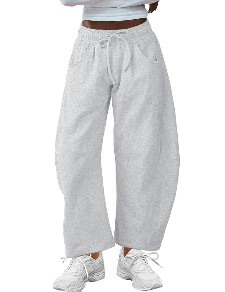 Hongsui Women's Barrel Leg Pants Elasticated Waistband Soft Wide Leg Pants with Pockets Casual Sw... | Amazon (US)