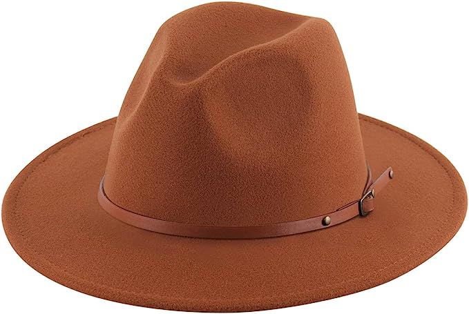 Lanzom Women Lady Retro Wide Brim Floppy Panama Hat Belt Buckle Wool Fedora Hat | Amazon (US)