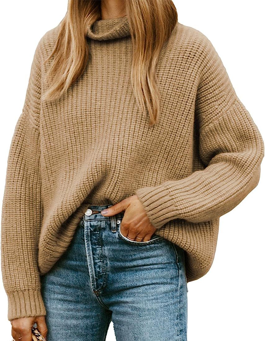 DEEP SELF Women Turtleneck Sweater Casual Batwing Long Sleeve Loose Knit Pullover Sweater Tops | Amazon (US)