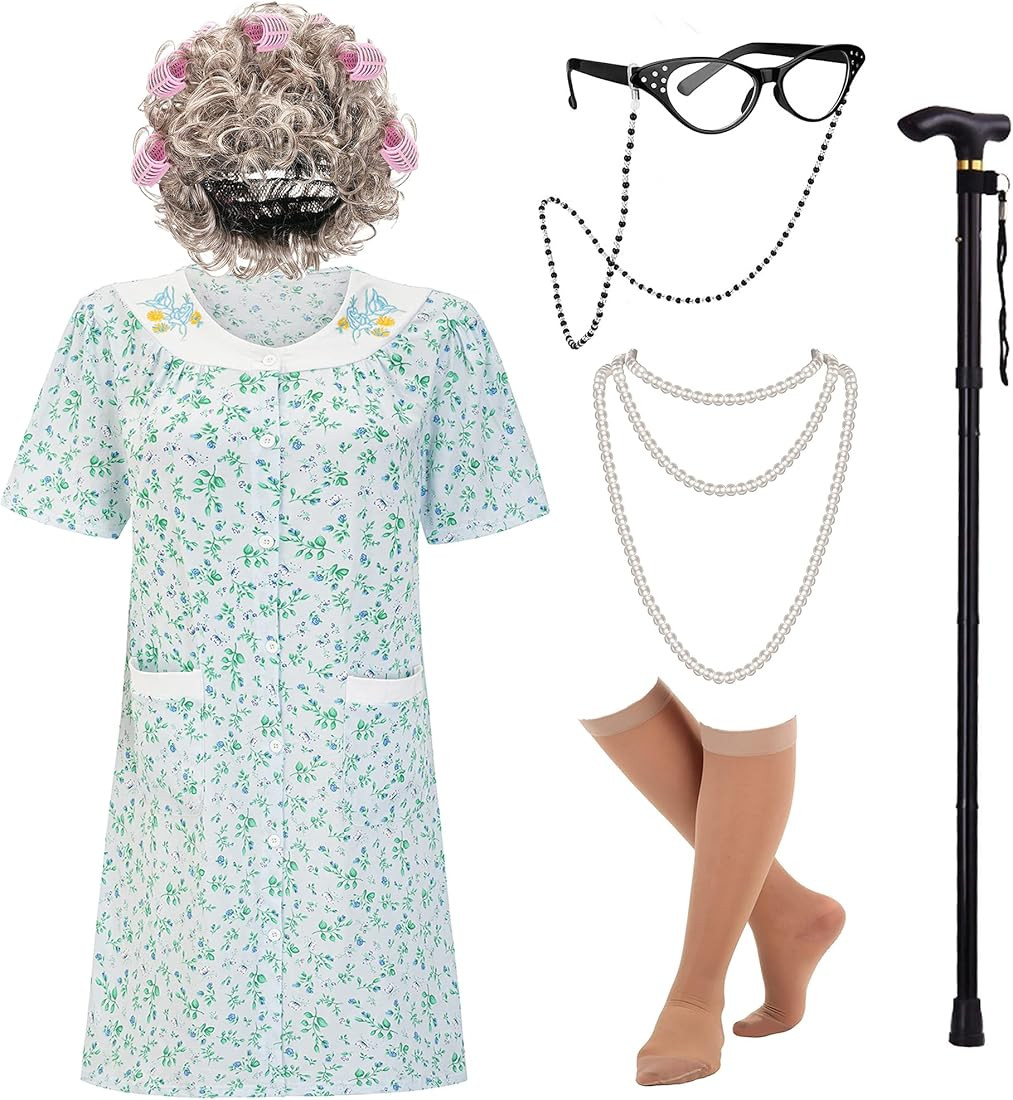 Women's Old Lady Costume Kit with Nightgown Wig Cane & Other Halloween Cosplay Accessories | Amazon (US)