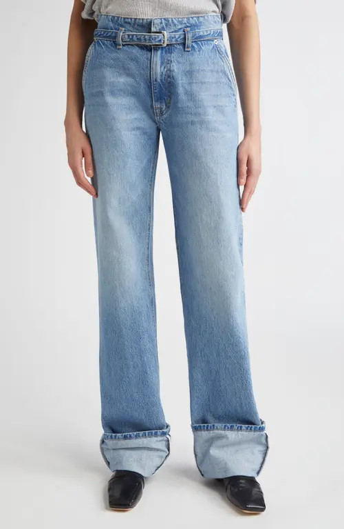 Brandon Maxwell The Alexa Belted Cuffed Straight Leg Jeans in Medium Vintage Wash at Nordstrom, Size 27 | Nordstrom