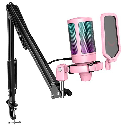 FIFINE Gaming USB Microphone Kit, PC Streaming Recording Computer RGB Microphone Set for Podcasting, Singing, YouTube, Condenser Cardioid Mic with Quick Mute, Gain Knob-A6T Pink | Amazon (US)