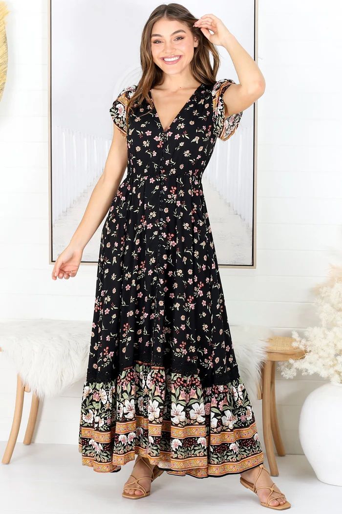JAASE - Carmen Maxi Dress: Butterfly Cap Sleeve Button Down A Line Dress with Lace Trim in Eterni... | Salty Crush