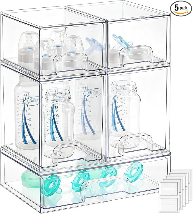 Baby Bottle Organizer - 5 Pack Stackable Clear Drawers with Labels, Baby Storage Solution Contain... | Amazon (US)