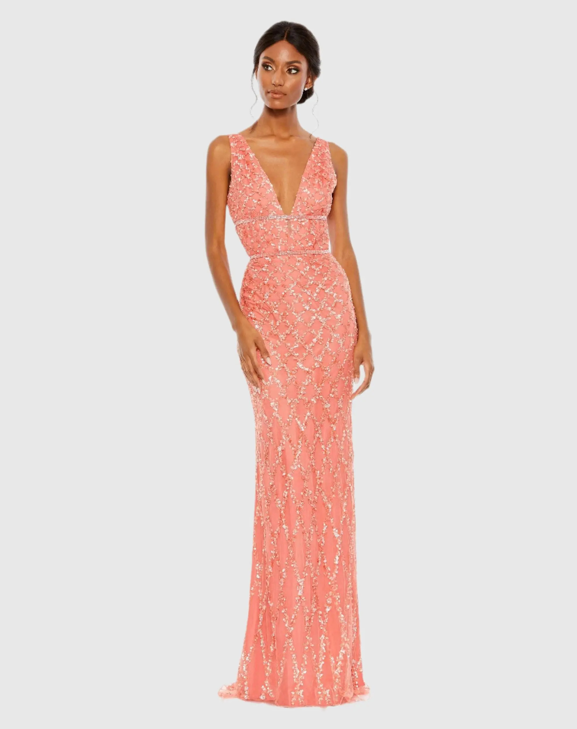 Sequined Plunge Neck Sleeveless Column Dress | Mac Duggal