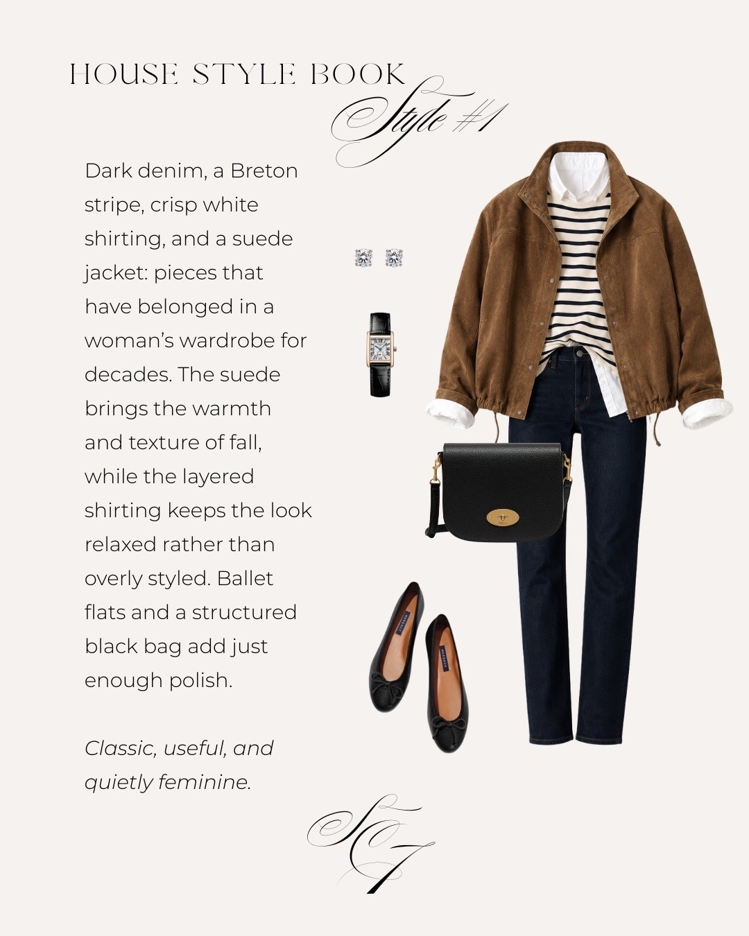 The kind of fall outfit I could wear on repeat. Dark denim, a Breton stripe, crisp white shirt and a suede jacket—nothing trendy, nothing complicated, just really good basics layered well. Ballet flats and a structured black bag keep it polished without making it feel dressed up. This is my favorite kind of wardrobe math: fewer pieces, more ways to wear them. 

#FallStyle #FallOutfit #ClassicStyle #TimelessStyle #EverydayStyle #SuedeJacket #DarkDenim #SilkAndCedar

#LTKootd #LTKmomlife #LTKOver40