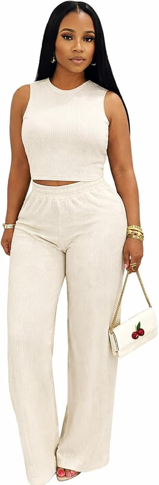 Women's Sleeveless 2 Piece Loungewear Set Soft Tank Top Wide Leg Pants Comfortable Casual Summer ... | Amazon (US)
