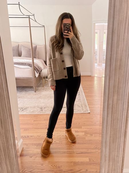 Casual fall outfit, how to style Ugg Ultra Mini boots: Abercrombie full length contour leggings and Amazon cardigan. All items run true to size  

#LTKunder50 #LTKstyletip