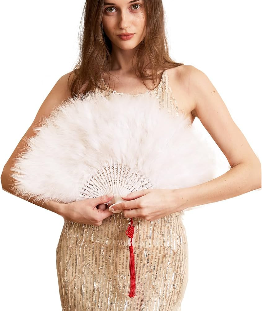 Happy Feather Handheld Marabou Feather Fan, 1920s Vintage Style Flapper Hand Fan for Costume Part... | Amazon (US)