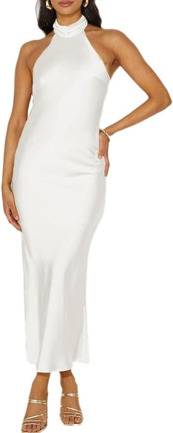 Phicia Sexy Satin Halter Neck Backless Maxi Dress for Women Elegant Tie Cowl Back Formal Wedding ... | Amazon (US)