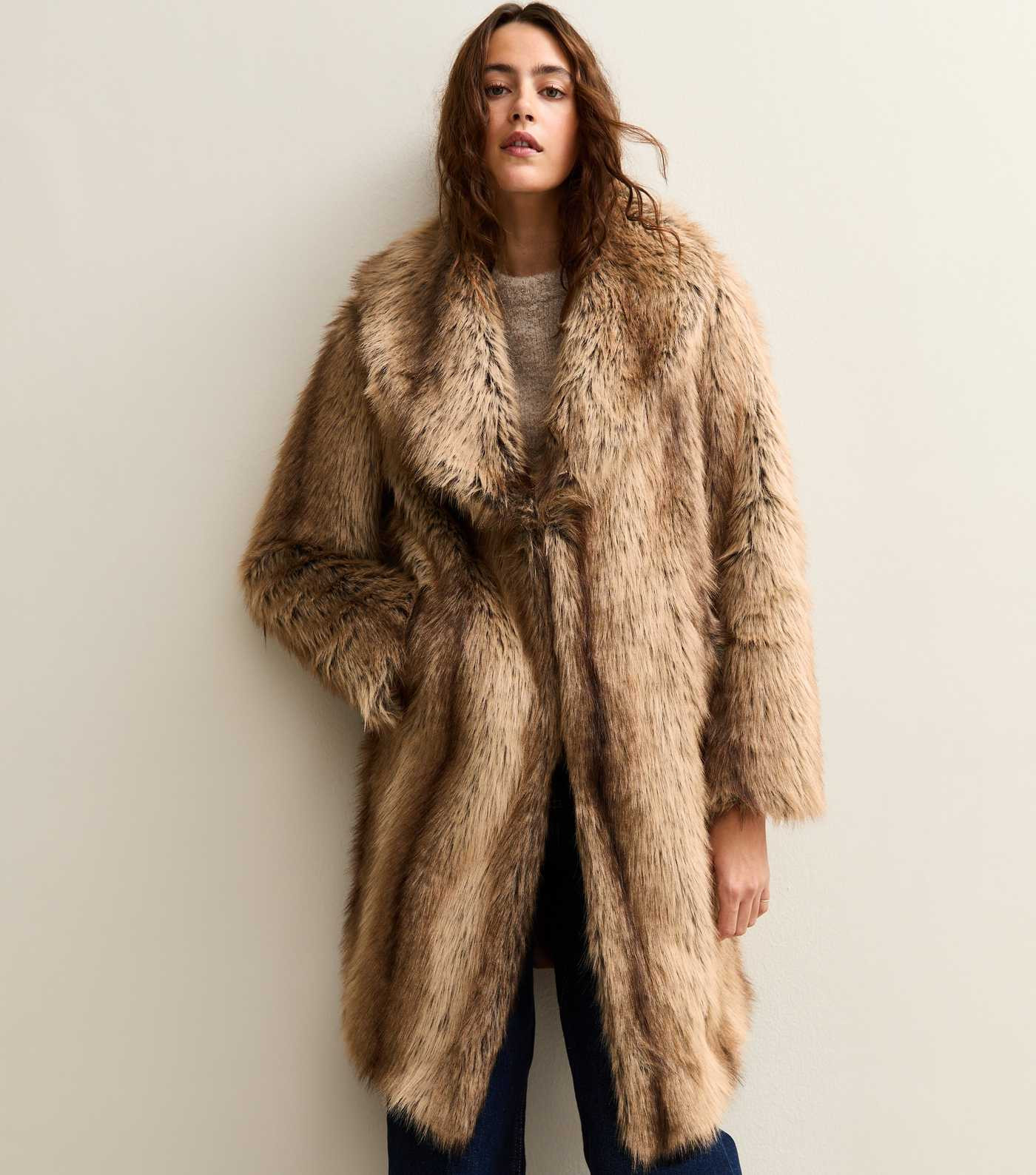 Brown Faux Fur Shawl Collar Mid Coat | New Look | New Look (UK)