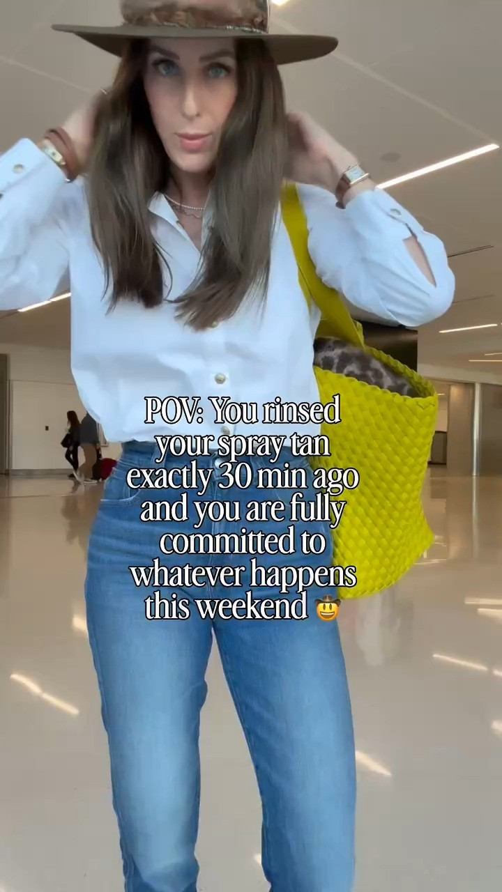 I love a good airport fit! I'm wearing a 26 in these vintage wash Madewell jeans, a small in this elevated L'agence button down, and an 8 in these Veronica Beard woven flats. I'm going to keep my eyes out for this amazing Naghedi Como tote I found in Sea Island for you guys, but I've linked similar ones here! 

 #LTKOver40 #LTKTall #LTKTravel