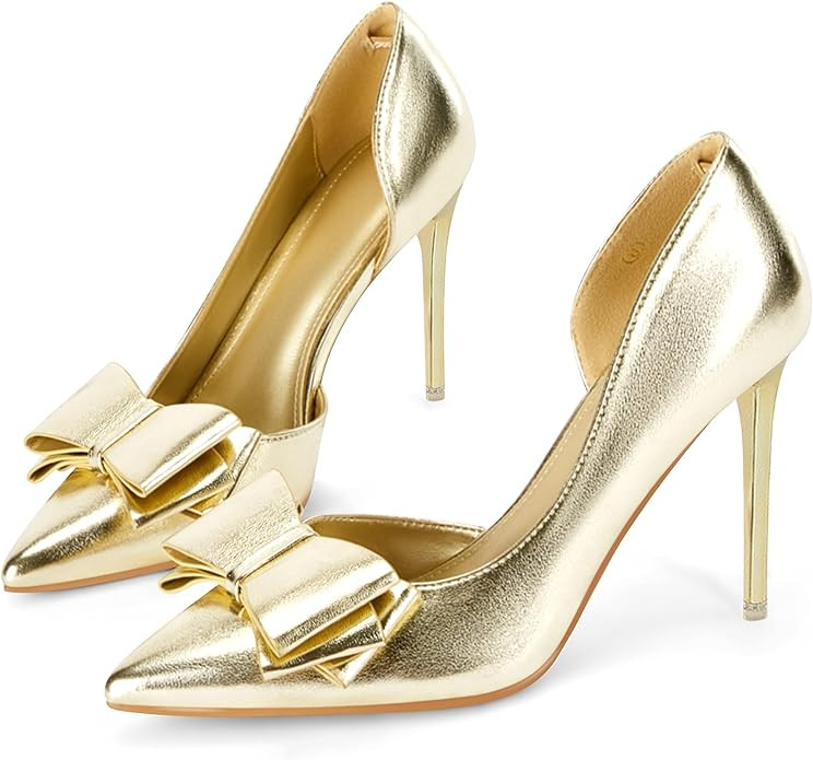 Womens Bow Heels Closed Pointed Toe Dress Shoes Stiletto Slip on Wedding Pumps | Amazon (US)