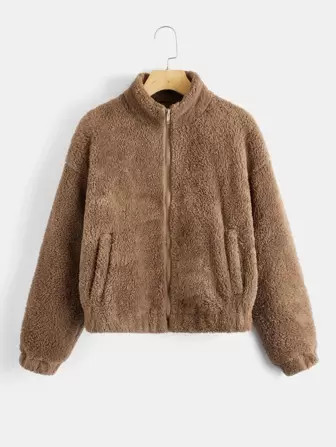 SHEIN EZwear Zip Up Drop Shoulder Teddy Jacket | SHEIN