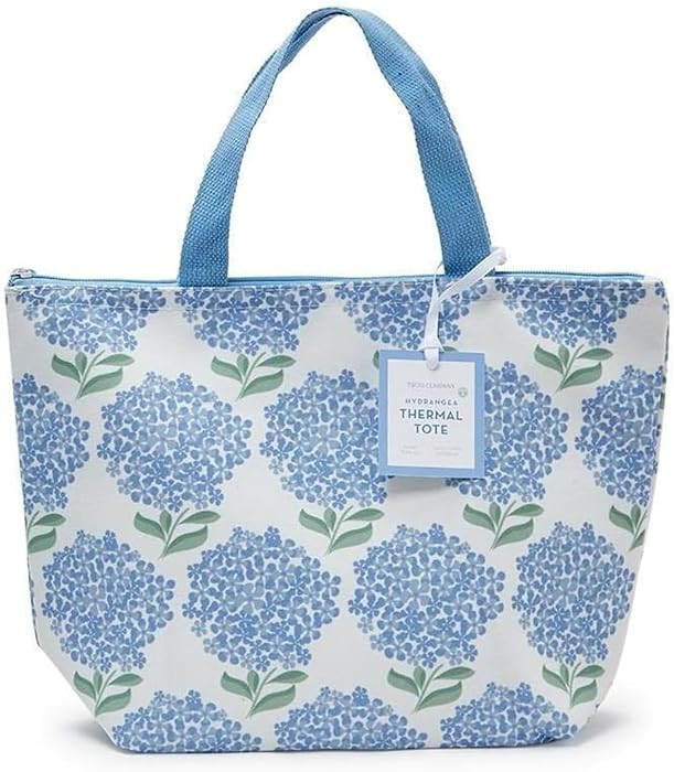 Two's Company Hydrangea Thermal Lunch Tote Bag White background with blue flowers. | Amazon (US)