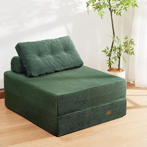 PIASHJOY Folding Chair Bed，Sleeper Chair with Large Backrest and Pillows,Chair That Turns into Bed,Foldable Single Futon Chair for Living Room、Bedroom 、Hotel、Apartment,Twin Size,Emerald Green | Amazon (US)