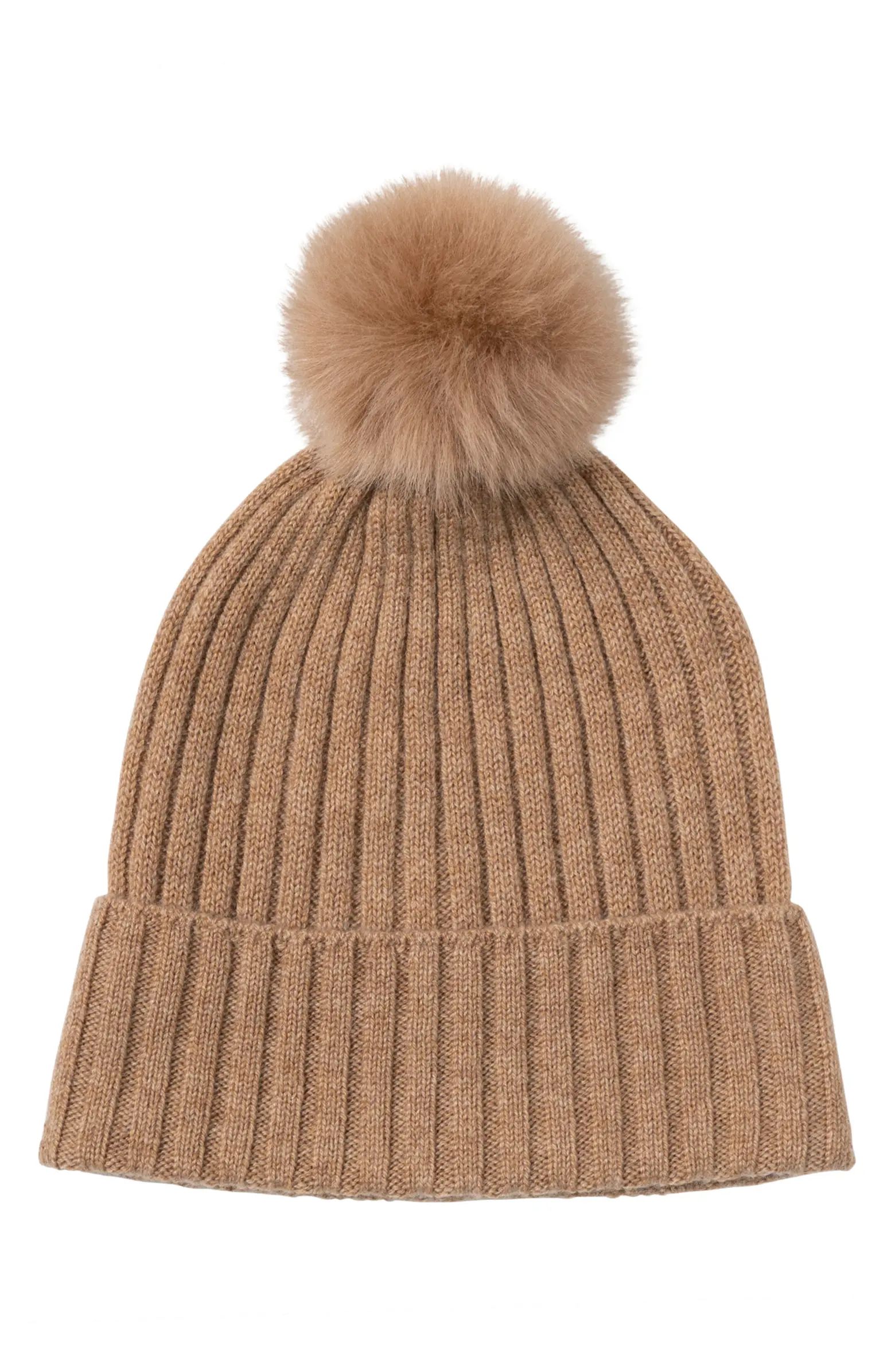 Amicale Cashmere Genuine Shearling Pompom Beanie | Nordstromrack | Nordstrom Rack