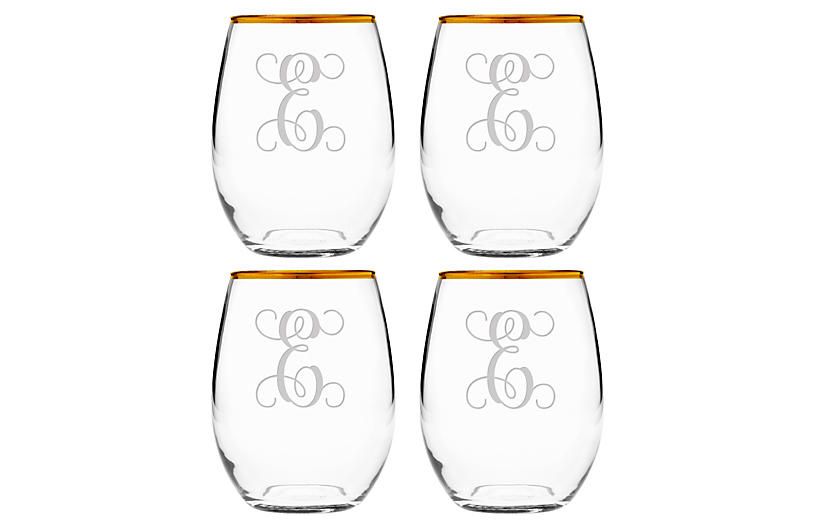S/4 Vine Monogram Stemless Wineglasses, Gold/Clear | One Kings Lane