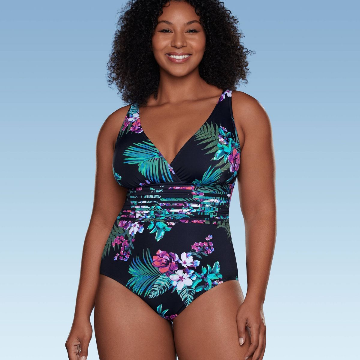 Women's Waist Detail Over the Shoulder One Piece Swimsuit - Aqua Green® Black Floral Print | Target