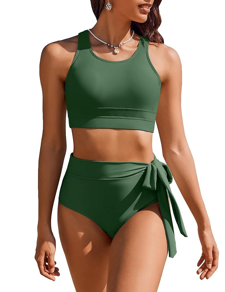 AI'MAGE Womens High Waisted Bikini Set Tummy Control 2 Piece Bathing Suit Modest Racerback Swimsu... | Amazon (US)