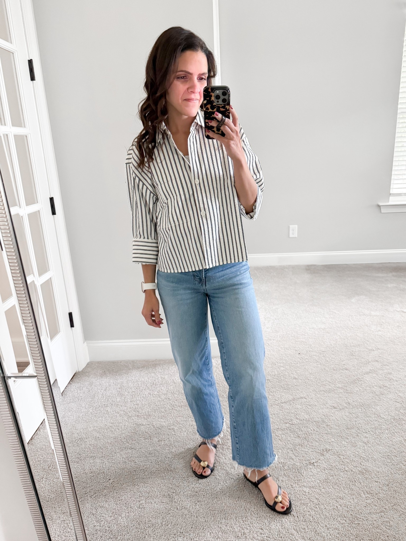 What I wore:
Cropped striped button up: Madewell, XS
Denim: old, linked similar
Sandals: Madewell, tts  

#transitionalstyle 

#LTKStyleTip