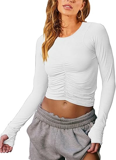 Vivitulip Women’s Long Sleeve Shirts Basic Fall Ruched Slim Fitted Crop Tops Tight Athletic Blo... | Amazon (US)