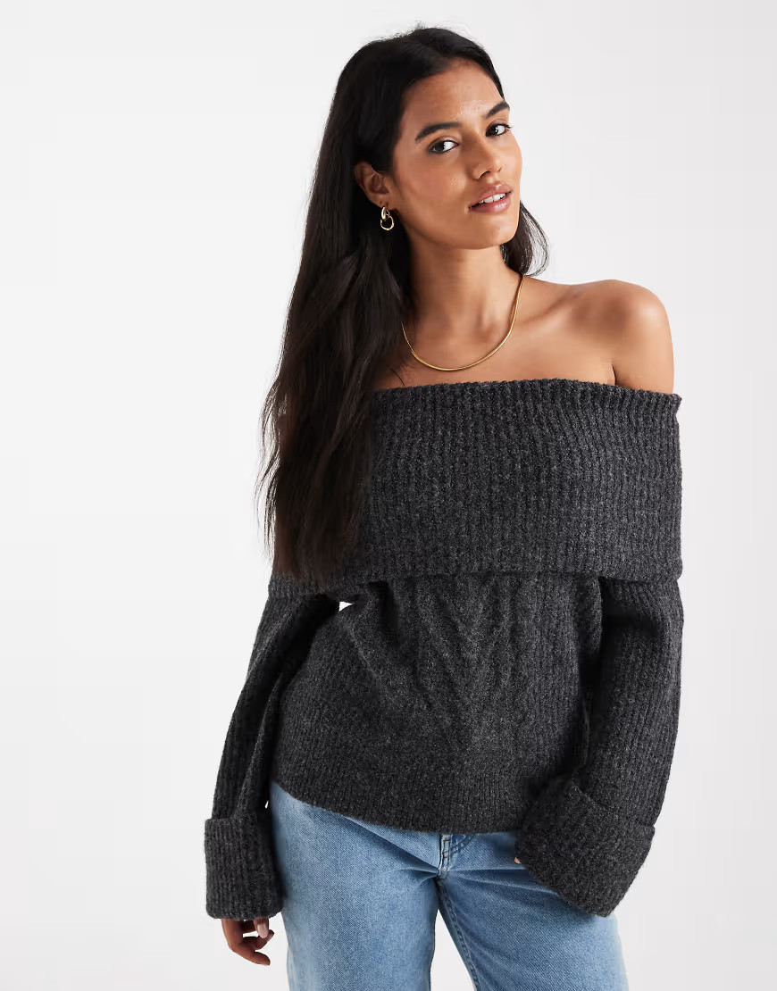 ONLY off shoulder knit sweater in dark gray | ASOS (Global)