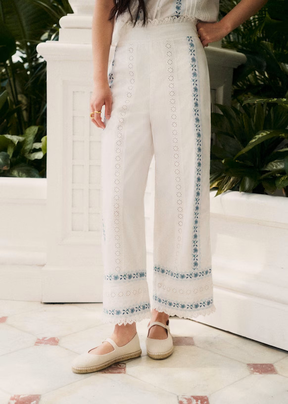 Geraldo Trousers - Sézane x Andion - White with Blue Floral Embroidery  - Organic cotton - organ... | Sezane Paris - US