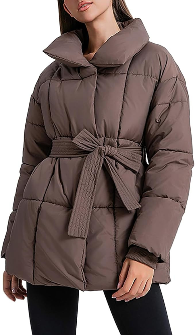 Womens Winter Puffer Jacket with Belted Warm Lapel Puffy Padded Coat Causal Thicken Jackets Parka... | Amazon (US)
