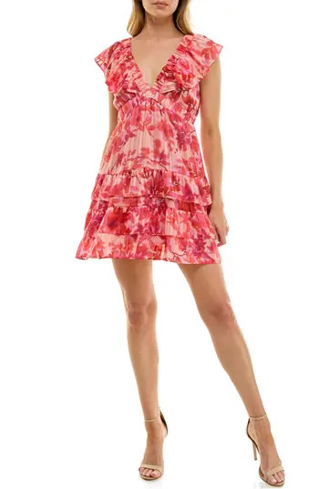 Socialite Double Ruffle Metallic Minidress in Fuschia/Pink at Nordstrom Rack, Size Medium | Nordstrom Rack