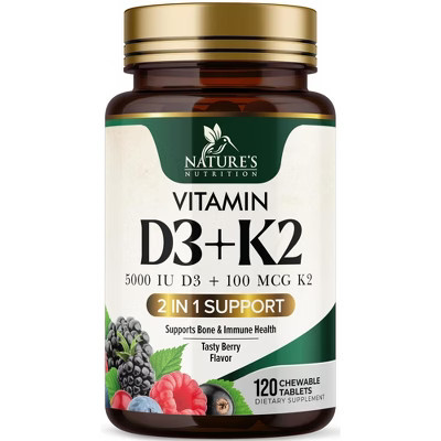 Vitamin D3 5000 IU with K2 100 mcg | K2 MK-7 with D3 Vitamin Supplement, Immune, Heart, Joint, Teeth & Bone Health, 120 Tablets By Nature's Nutrition | Target