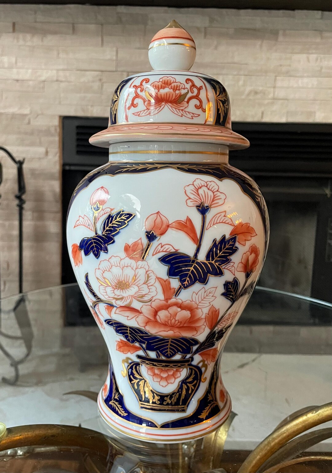 Andrea by Sadek Chinoiserie Ginger Jar 12.5" Japanese Style Porcelain Blue Peach Floral With Gold... | Etsy (US)