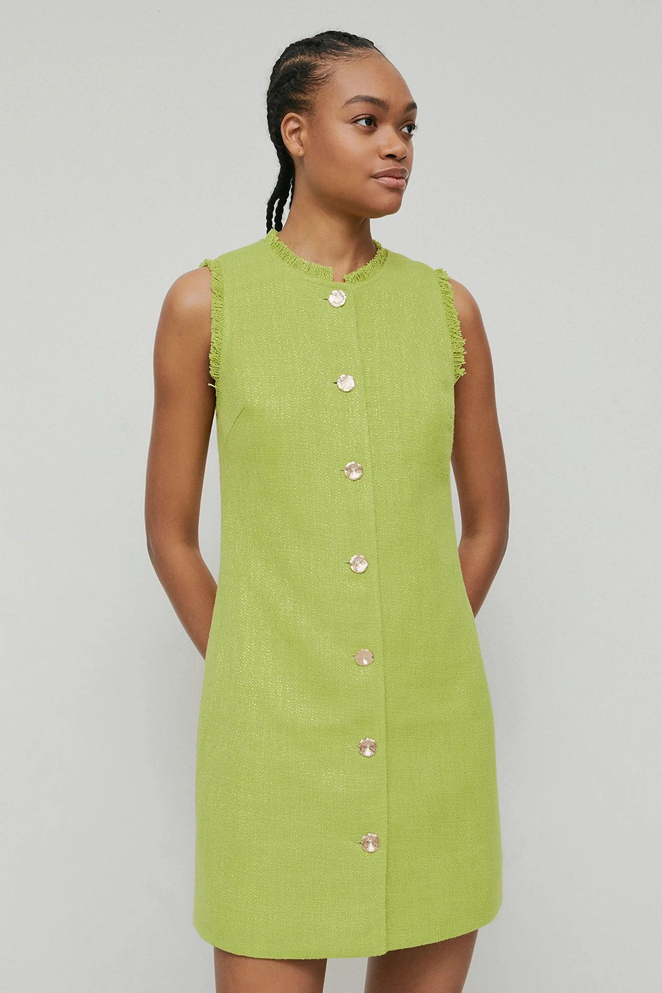 Tweed Button Through Mini Shift Dress | Warehouse UK & IE