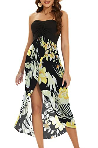Strapless Dresses for Women Summer Sundress Casual Floral Beach Coverups Dress.(Black Yellow Flowers,L) | Amazon (US)